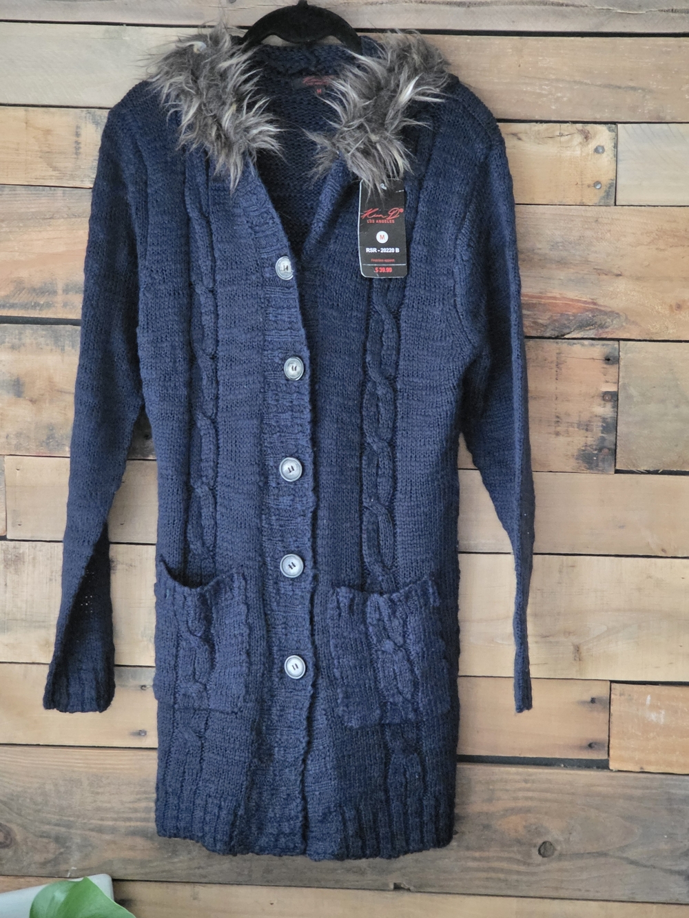 Kensie Knit Long Cardigan Sweater with Faux Fur Collar - Navy